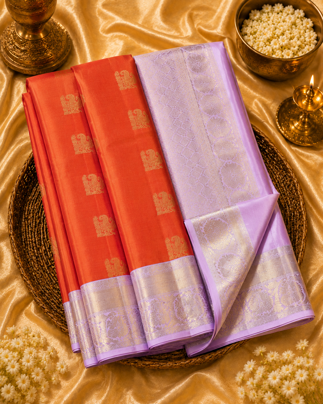 Vermilion Orange & Lavender Pure Korvai Silk Saree with Peacock Motifs