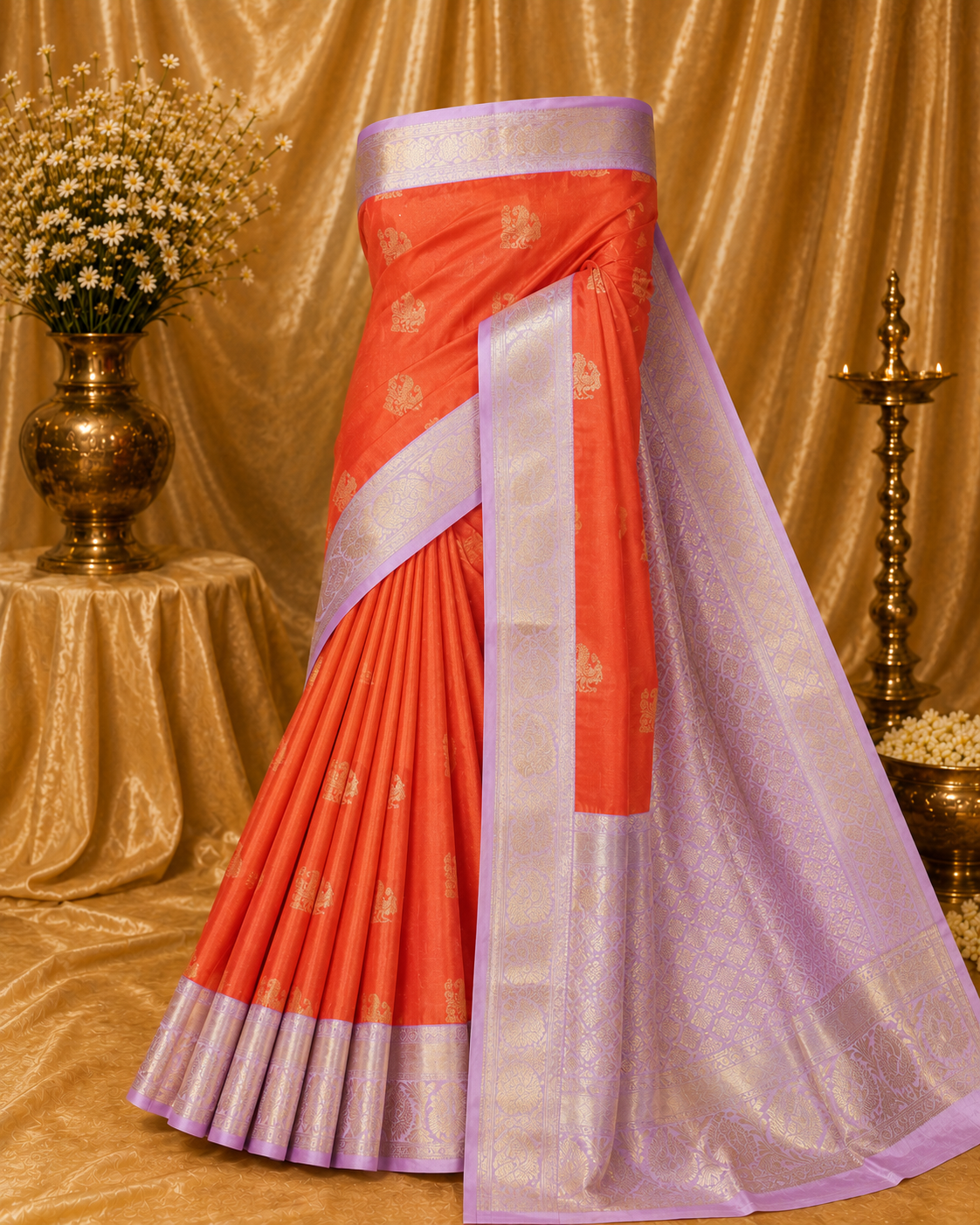 Vermilion Orange & Lavender Pure Korvai Silk Saree with Peacock Motifs
