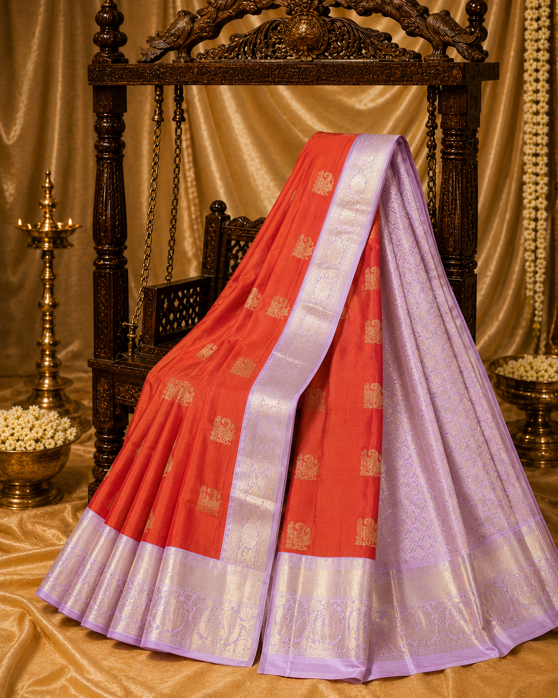 Vermilion Orange & Lavender Pure Korvai Silk Saree with Peacock Motifs