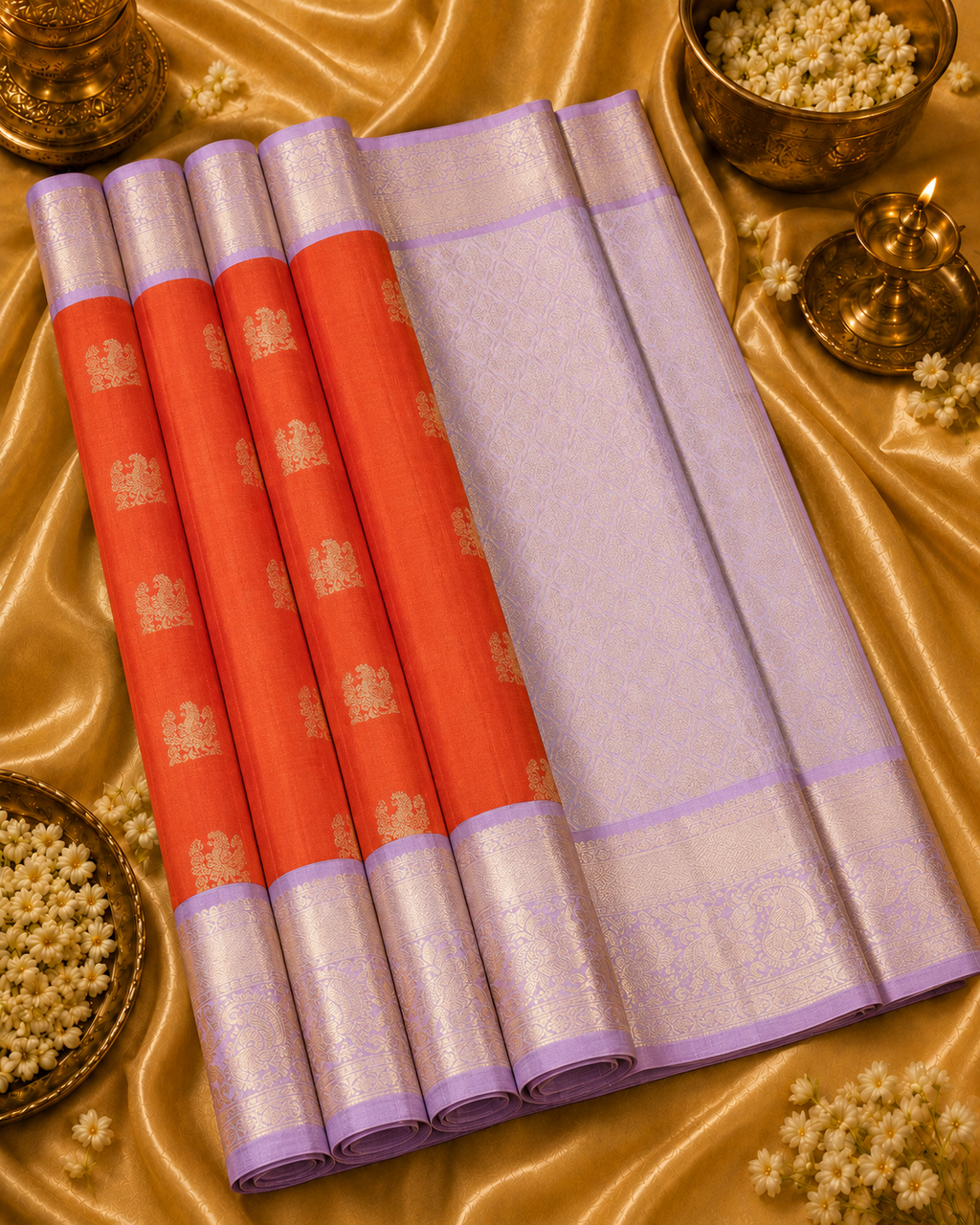Vermilion Orange & Lavender Pure Korvai Silk Saree with Peacock Motifs