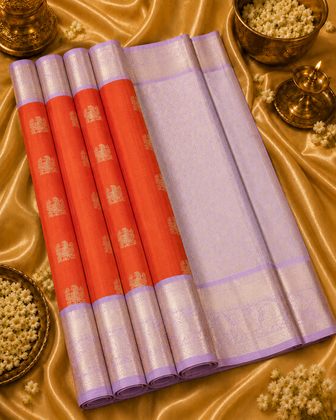 Vermilion Orange & Lavender Pure Korvai Silk Saree with Peacock Motifs