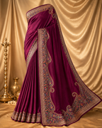 Elegant Wine Synthetic Chinon Saree with Embroidery & Swarovski Work